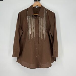 Foxcroft Brown Wrinkle Free Shaped Fit‎ Button Up Embellished Shirt Size 14 Work
